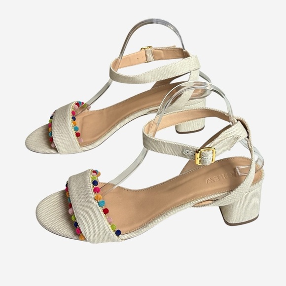 J Crew Lottie Sandals Size 9.5 Rainbow Pom-Pom Ivory Ankle Strap Buckle Closure - Picture 2 of 10